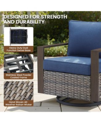 5 Pieces Patio Furniture Set, Rattan Wicker Outdoor, 4 Rattan Swivel Chairs w/30in Propane Fire Pit Table and Thickened Cushions