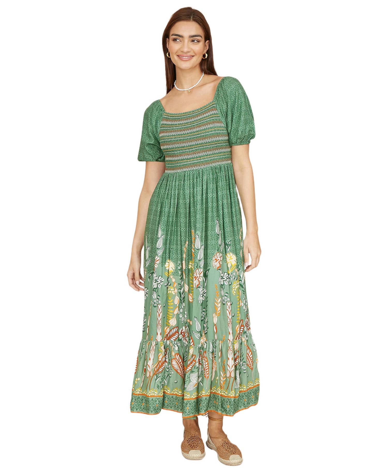 Women's Ruched Leaf Print Maxi Dress