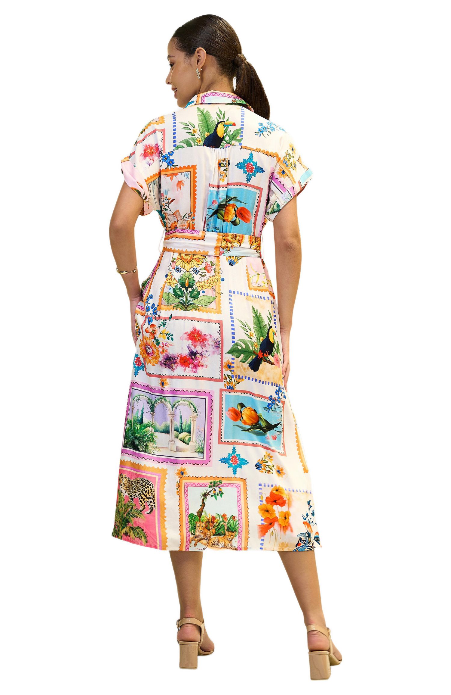 Women's Tropical Postcard Print Midi Shirt Dress