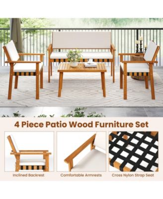 Set of 4 Wood Furniture Set w/Coffee Table Seat Back Cushions for Backyard Porch
