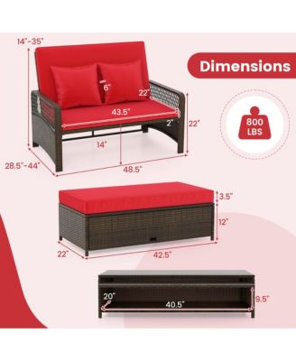 Patio Rattan Daybed Wicker Loveseat Sofa w/ Multifunctional Ottoman