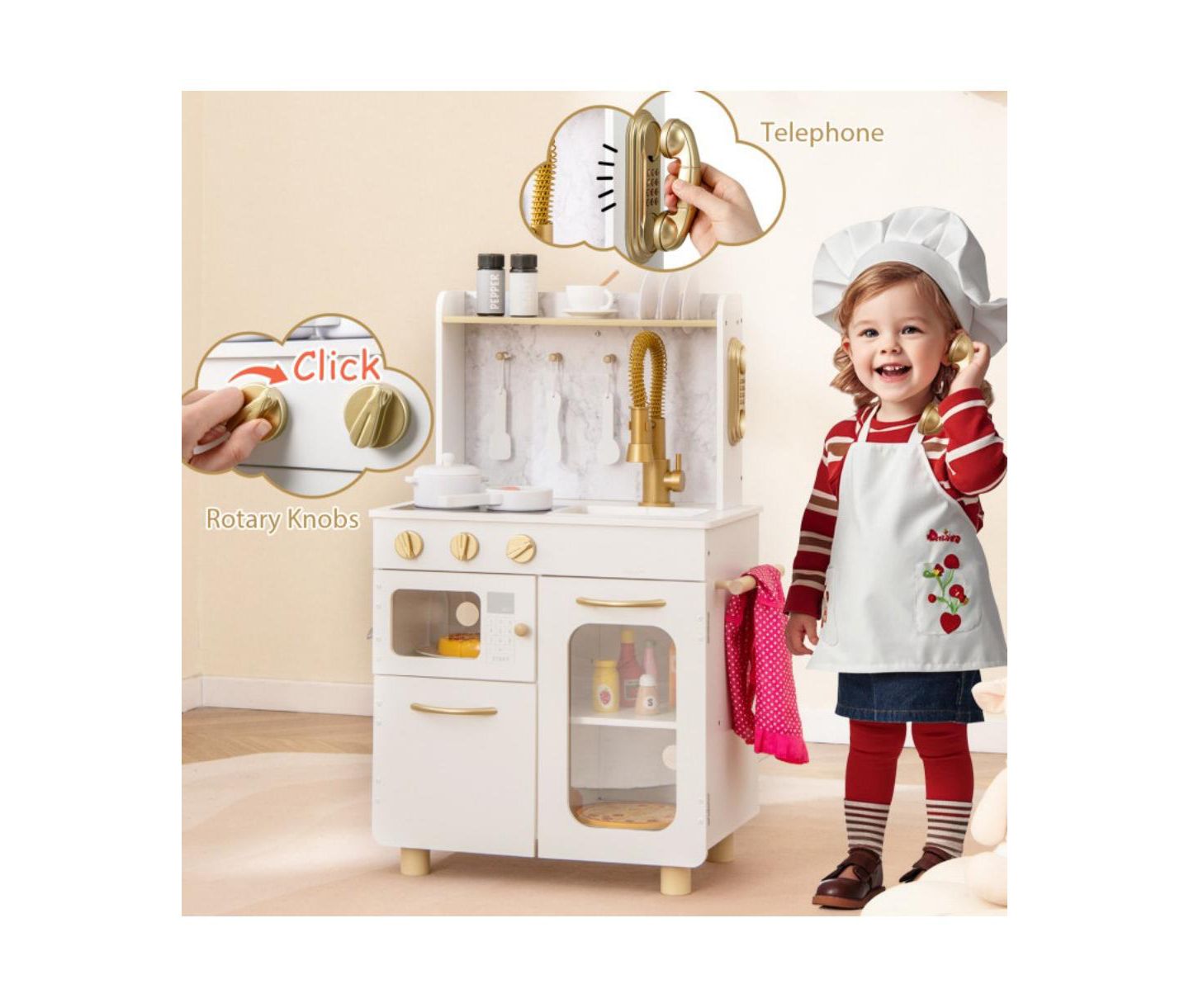 Детские игрушки HONGGE Kids Kitchen Set Pretend Play Kitchen with Stoves Faucet Sink Telephone Microwave and Oven, цвет: Белый — фото 9