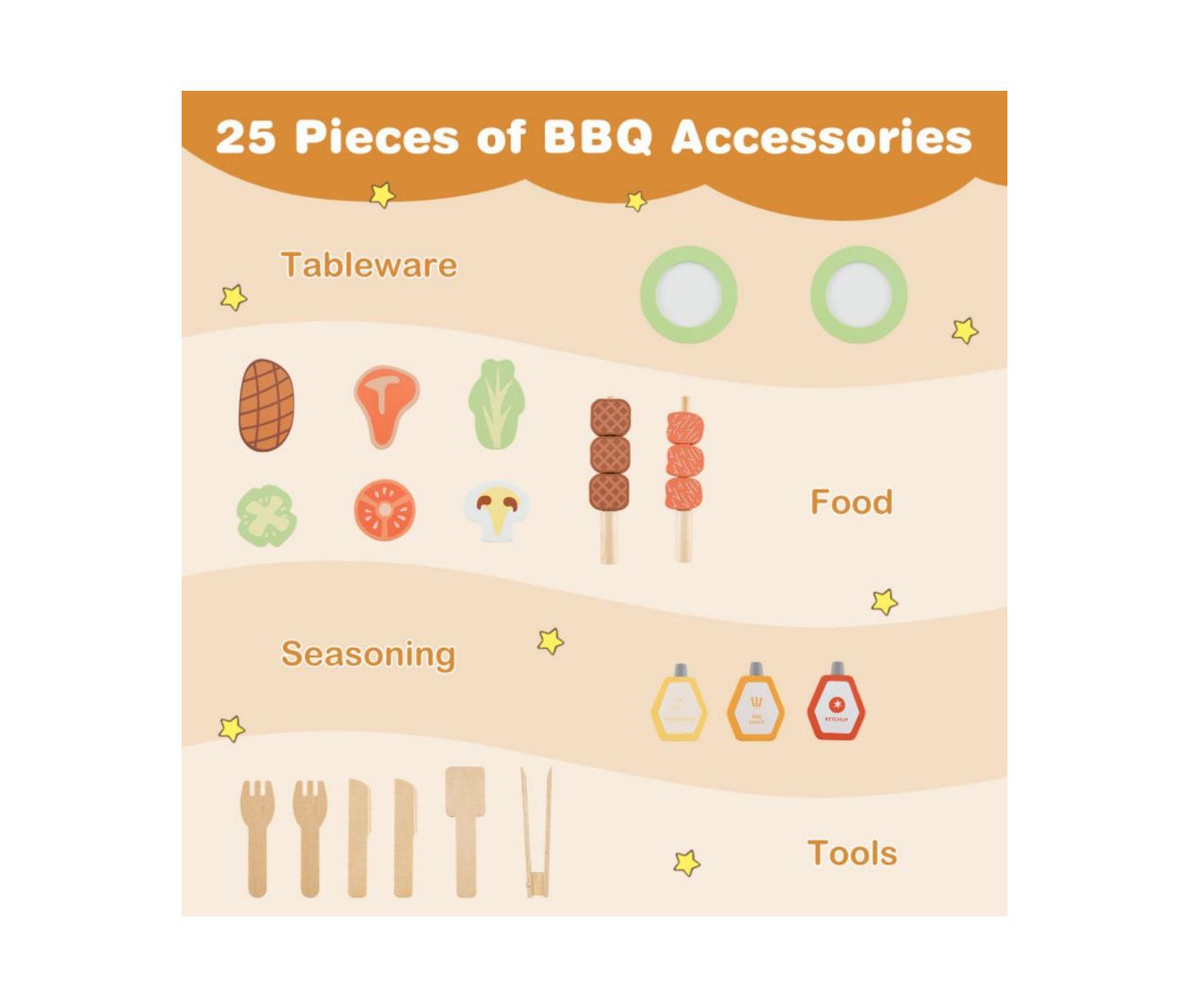 Детские игрушки HONGGE Wooden Barbecue Grill Playset with Wheels, 25-Piece Set, Ages 3+, цвет: Натуральный — фото 8