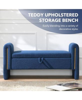 Upholstered Storage Ottoman, Modern Teddy End of Bed Bench, Window Storage Stool with Arms for Living Room, Bedroom