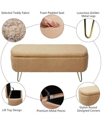 Modern Storage Ottoman Bench - Oval Faux Fur Entryway Bench, End of Bed Bench with Gold Legs for Living Room, Bedroom