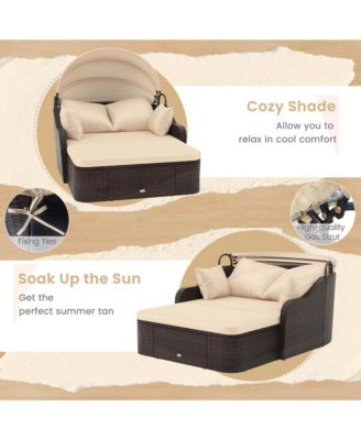 Outdoor PE Rattan Daybed w/ Retractable Canopy Soft Cushions & Extra Pillows