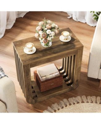 Side Table Set of 2, Farmhouse Narrow End Table with Slatted Open Frame, Wooden Rustic Accent Sofa Side Table