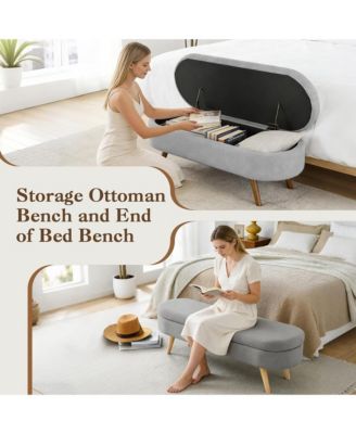 Oval Storage Ottoman Bench - Upholstered End of Bed Bench with Safety Hinge Flip Top and Solid Wood Legs for Bedroom