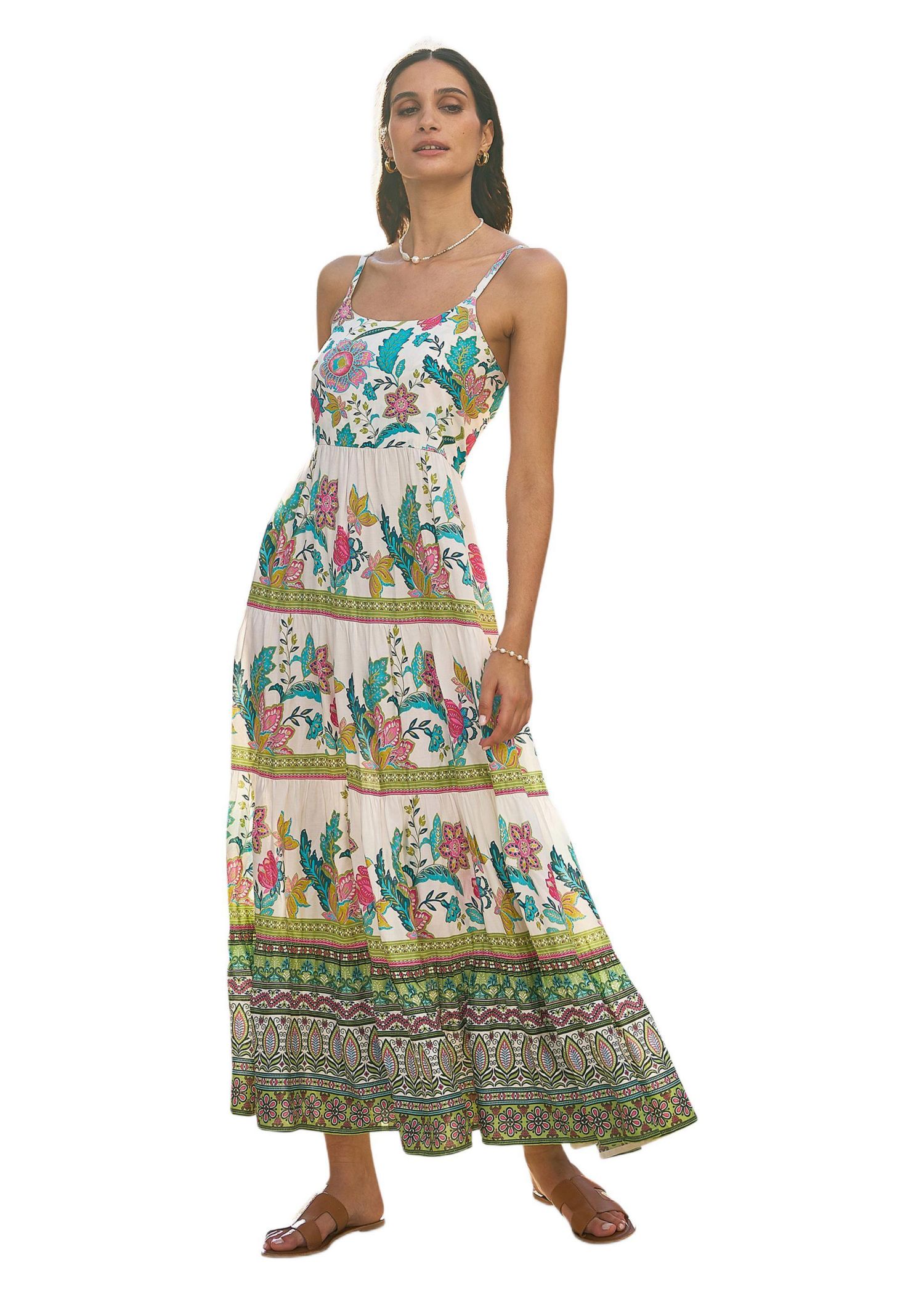 Women's Floral Block Print Tiered Maxi Sun Dress