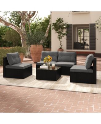 Set Of 5 Outdoor Furniture Set w/ Seat and Back Cushions Tempered Glass Tabletop