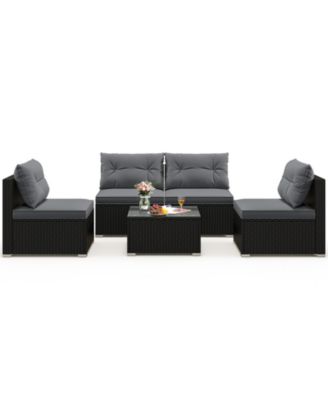 Set Of 5 Outdoor Furniture Set w/ Seat and Back Cushions Tempered Glass Tabletop