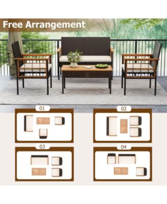 Set of 4 Wicker Furniture Set w/Acacia Wood Tabletop Armrests Cushions for Backyard