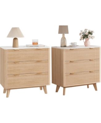 32" Width Fluted Nightstand Set of 2, Modern 3 Drawer Bedside Table with Faux Marble Top, Wood Chest of Bedside Table with Curved Profile