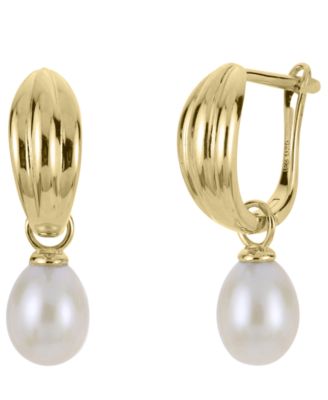 Cultured Freshwater Pearl (6.5-7mm) Hoop Drop Earrings in 14k Gold-Plated Sterling Silver