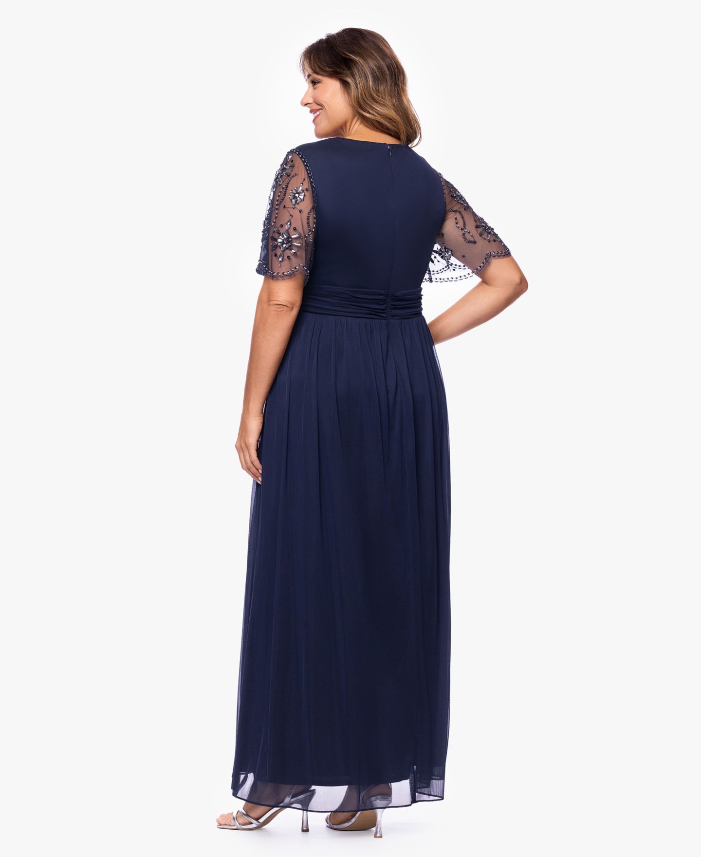 Женское платье XSCAPE Plus Size Beaded Sleeve Slit Gown, цвет: Тёмно-синий — фото 5