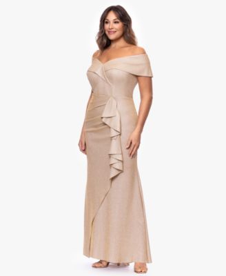  Plus Size Foil Knit Off-The-Shoulder Ruffle Gown