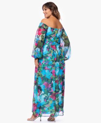  Plus Size Off-The-Shoulder Long-Sleeve Printed Gown