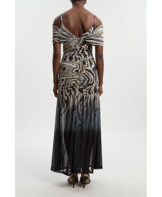 Women's Marble Print Mesh Plunge Maxi Dress