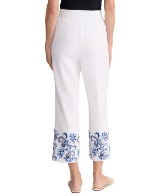 Women's Embroidered Linen-Blend Crop Pants