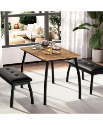 3-Piece Wooden Dining Table Set with 2 Upholstered Benches, Retro Brown