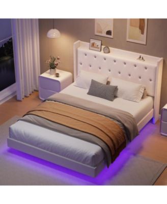 Modern Full Floating Bed Frame RGB LED Lights Fabric Wingback Storage Headboard No Box Spring