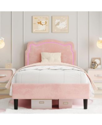  Bed Frame Pink Velvet Adjustable Bear Headboard Noise Free RGB Led Lights No Box Spring