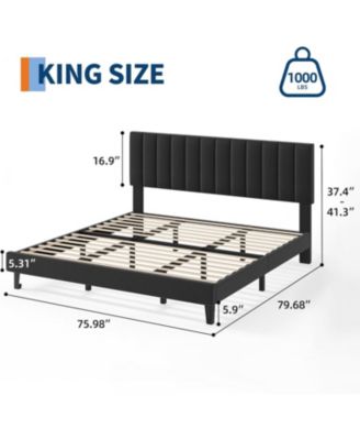 KING Size Bed Frame, Velvet Upholstered Platform Bed with Adjustable Vertical Channel Tufted Headboard, No Box Spring Needed, Easy Assembly