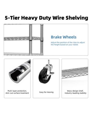5-Tier Storage Shelves, Heavy Duty Metal Wire Shelving Unit, Adjustable Shelving Rack with Wheels for Basement, Warehouse, Chrome
