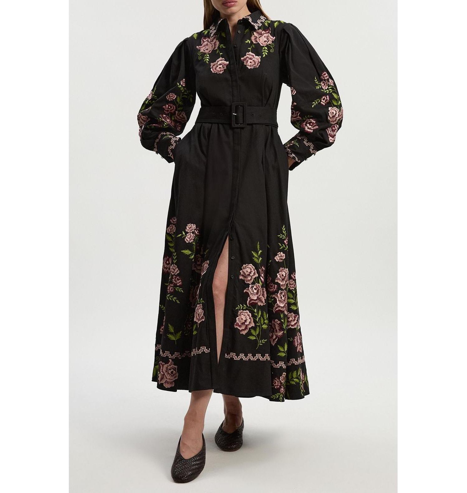 Women's Rose Embroidered Cotton Shirt Dress