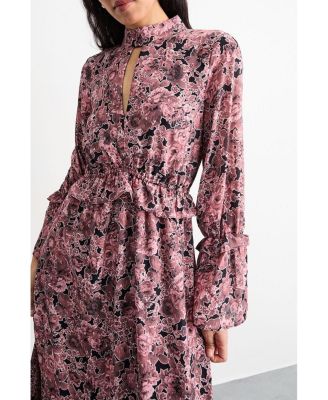 Women's Chiffon Shirred High Neck Midi Dress