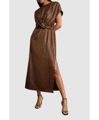 Women's Leather Look Twist Front Midi Dress