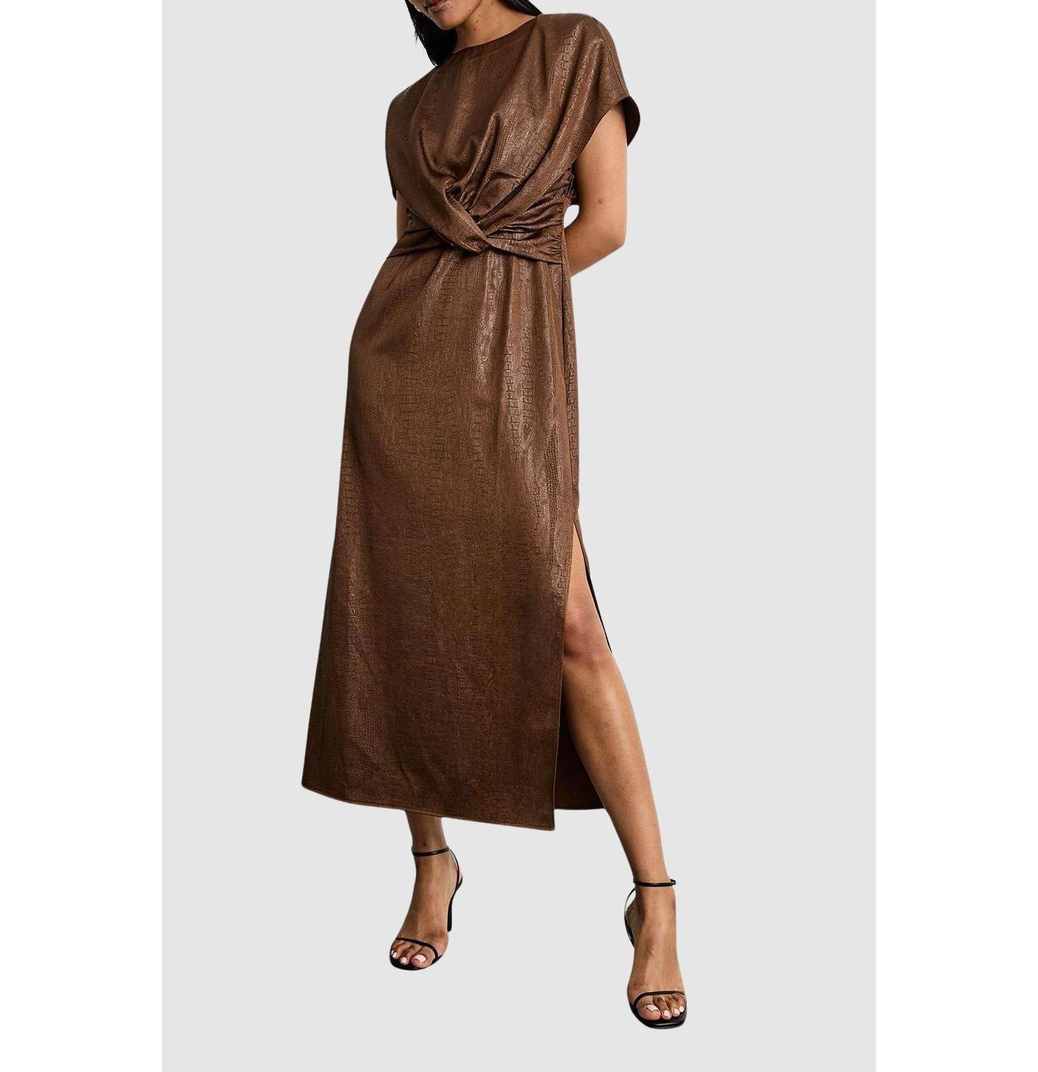 Women's Leather Look Twist Front Midi Dress