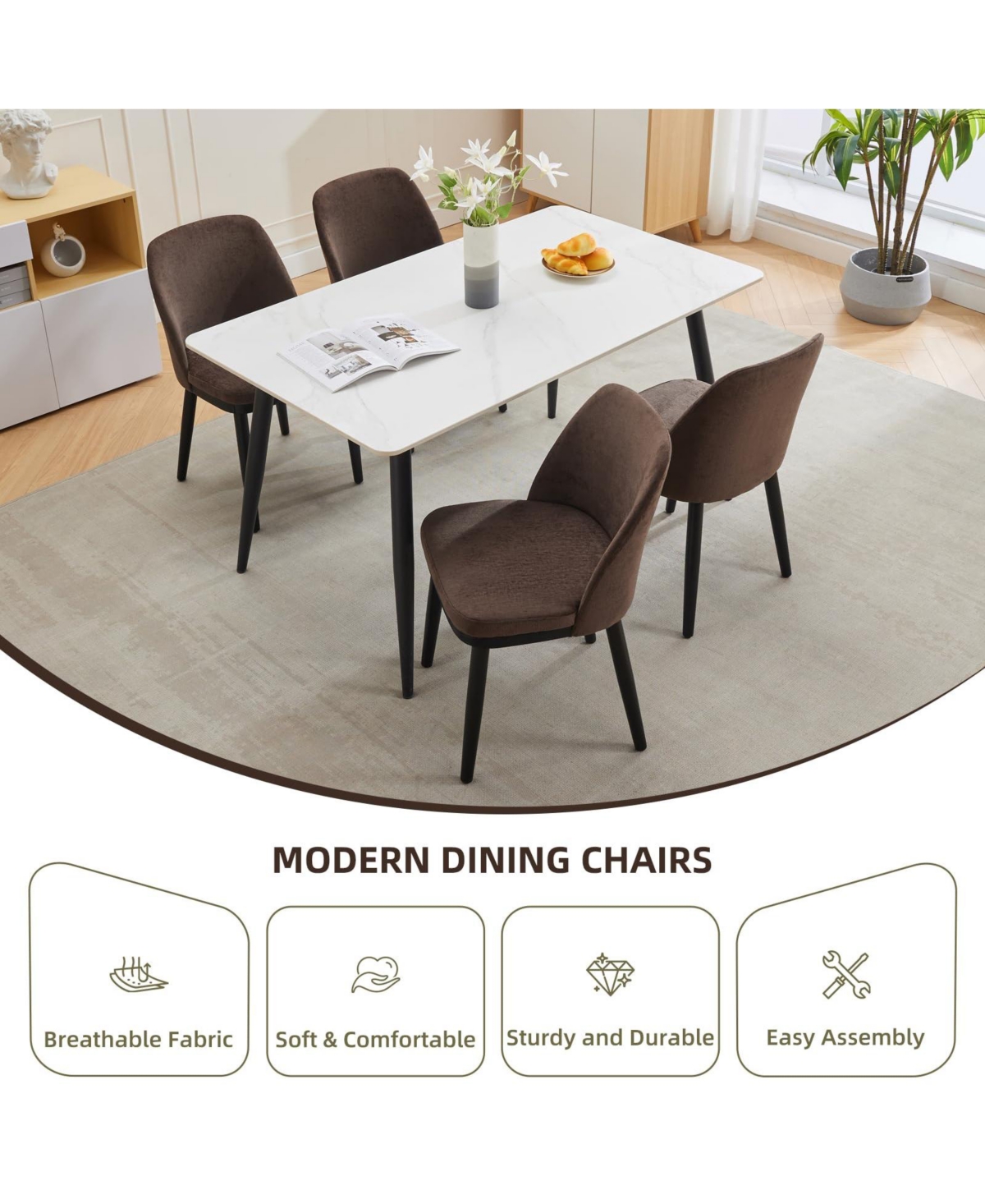 gaomon Modern Linen Upholstered Dining Chair Set with Curved Back and Solid Wood Legs