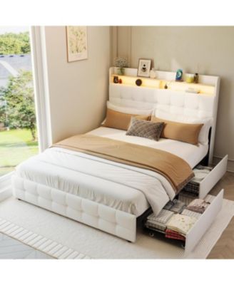 Full Size Bed Frame with 2 Storage Drawers, Upholstered Bed Frame Full LED Light, Double-Layer Bedside Headboard Charging Socket USB