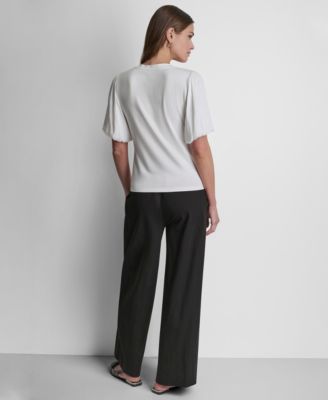 Women's Puffed Crew Neck Mix Media Knit Top