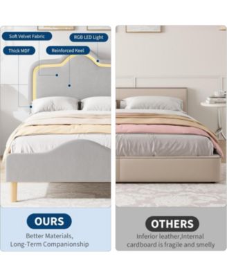 Twin Upholstered LED Platform Bed with Adjustable Headboard Footboard Velvet Princess Bed Kids Wood Slats