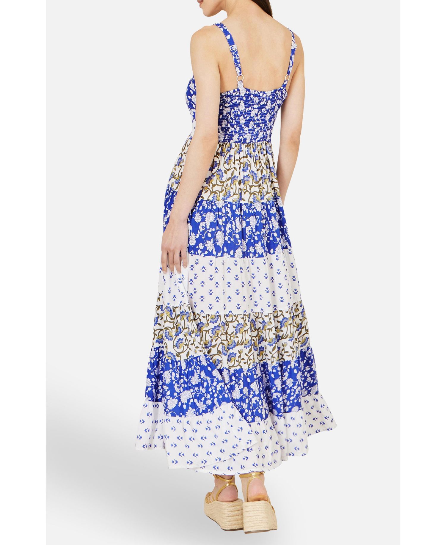 Women's Patchwork Print Tiered Maxi Dress