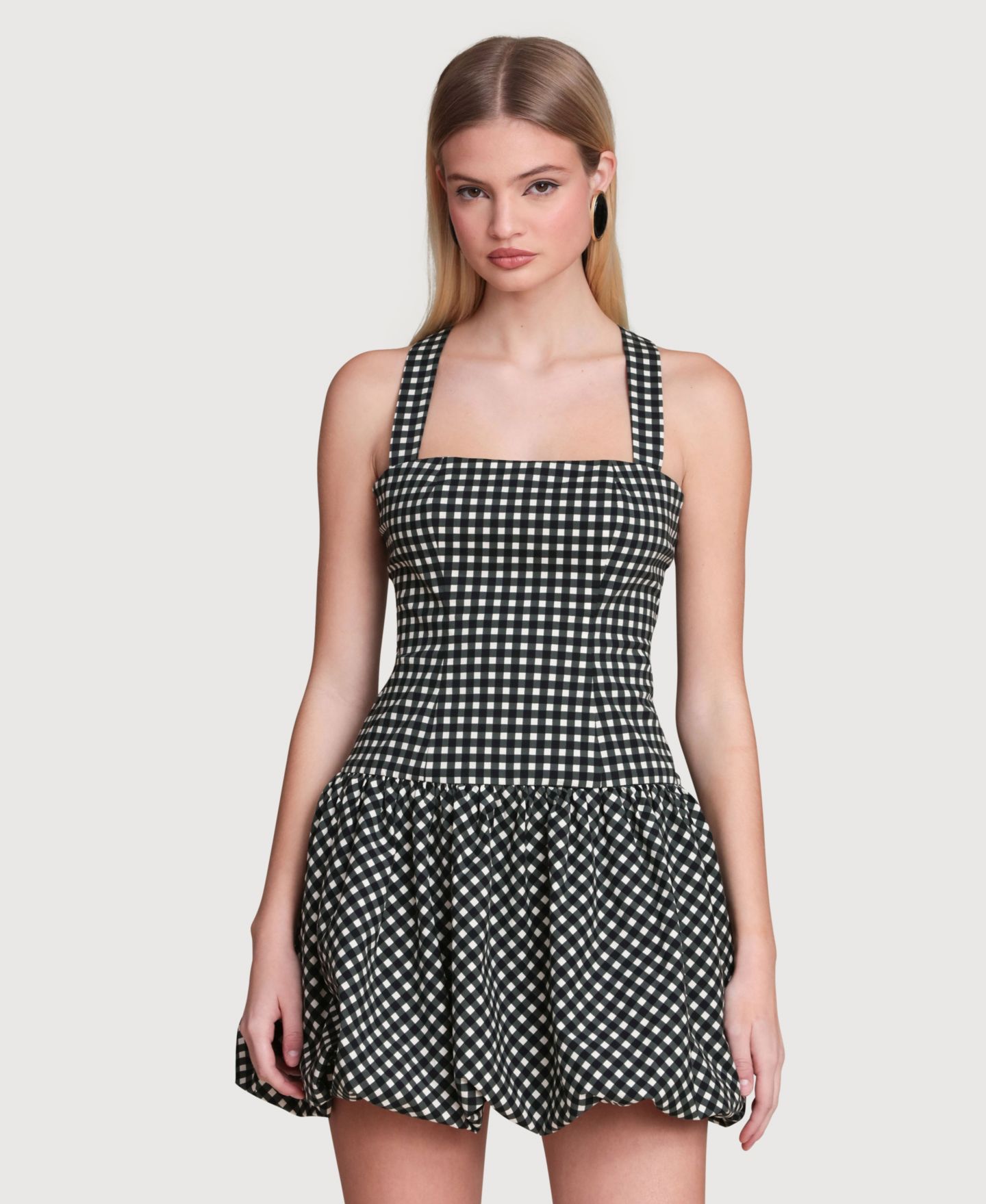 Женское платье Avec Les Filles Drop Waist Bubble Hem Mini, цвет: Чёрный / Кремовый в мелкую клетку — фото 2