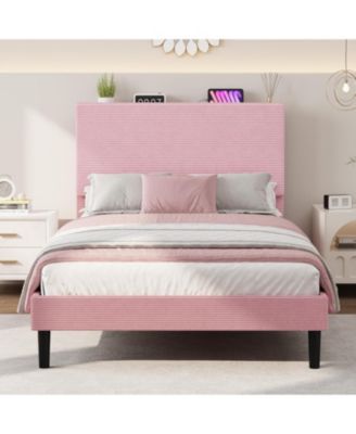 Twin Size Corduroy MDF Bedhead Storage Soft Package Bed, Pink Upholstered Bed Frame, Spacious Storage, Comfortable Mattress