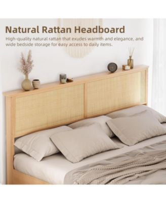 Full Rattan Bed Frame With Sliding Barn Door Storage Cabinets LED Headboard Boho Platform Solid Wood No Box Spring