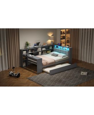 Twin Wood Platform Bed with Storage, Trundle, Charging Ports, LED Lighting, and Desk Headboard