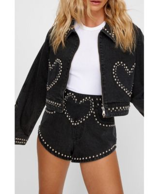 Women's Heart Studded Cropped Denim Jacket