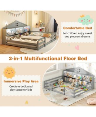 Montessori Floor Bed with Storage Compartments and Shelf