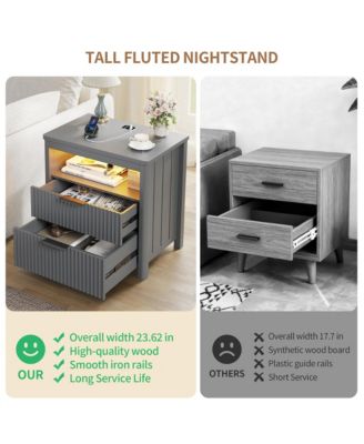24" Modern LED Nightstand with 3 Drawers and Charging Station
