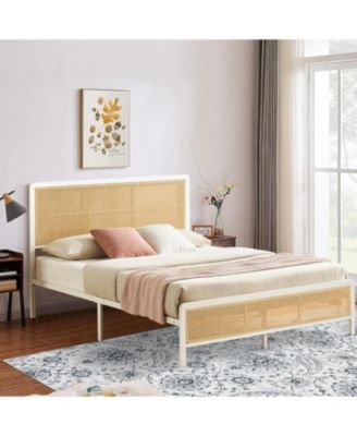 Full Rattan Bed Frame With LED Headboard Metal Platform Storage Rounded Corners Noise Free No Box Spring