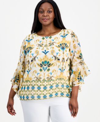 Plus Size Border-Print Ruffle-Sleeve Top