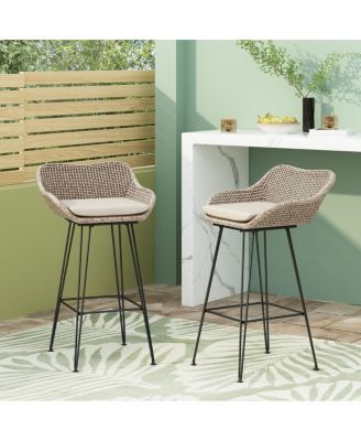 Streamdale Wicker Barstools with Metal Hairpin Legs and Cushions (Set of 2