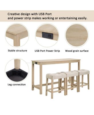 Streamdale 4-Piece Bar Table Set with Power Outlet & 3 Padded Stools