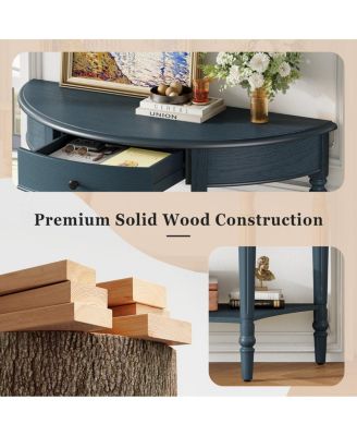 Farmhouse Navy Half Moon Console Table with Drawer & Shelf