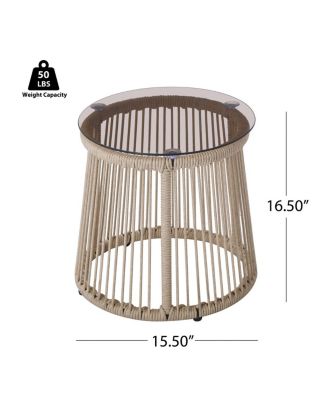 Outdoor Rope Weave Tempered Glass Top Side Table